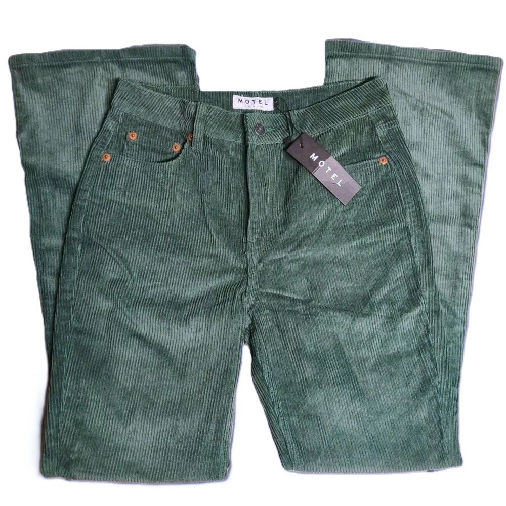 Motel Women’s Green Corduroy Pants Size S High Waist Flare Retro 100% Cotton